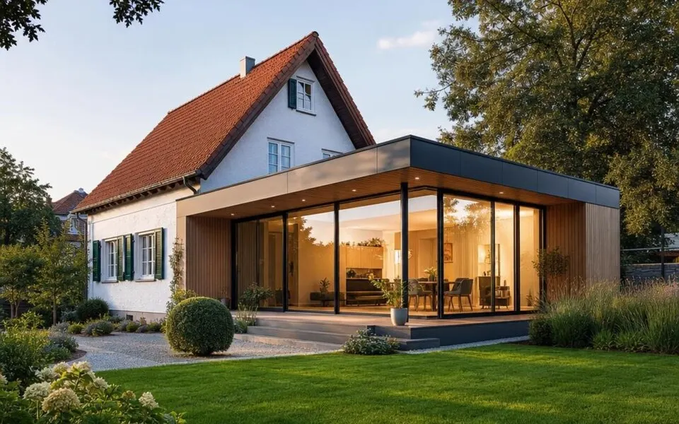 Musterhaus Anbau 2026 mit Glasfront am Bestandsgebäude – Kosten der Wohnraumerweiterung Musterhaus Anbau 2026 mit Glasfront am Bestandsgebäude – Kosten der Wohnraumerweiterung