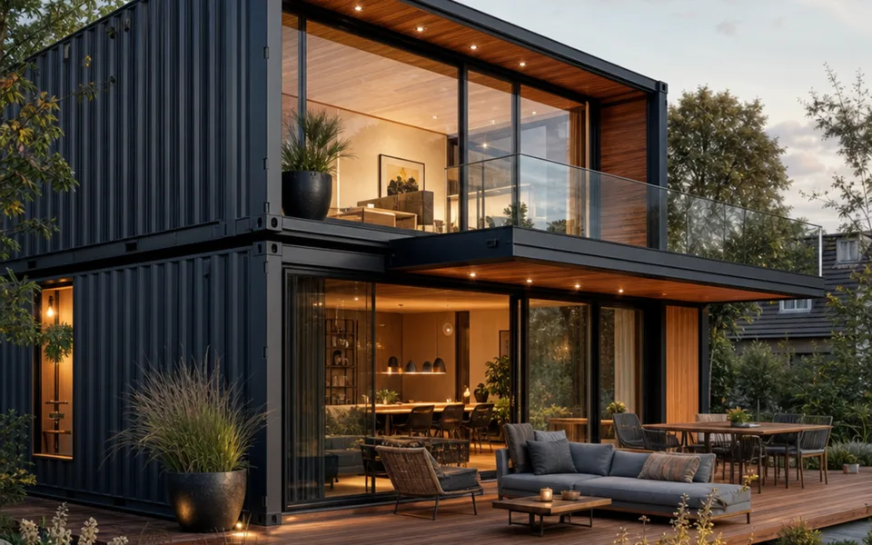 Modernes luxuriöses Containerhaus 2026 mit anthrazitfarbener Containerfassade, Holzakzenten und großer Glasfront – Beispiel für Containerhaus-Preise schlüsselfertig Modernes luxuriöses Containerhaus 2026 mit anthrazitfarbener Containerfassade, Holzakzenten und großer Glasfront – Beispiel für Containerhaus-Preise schlüsselfertig