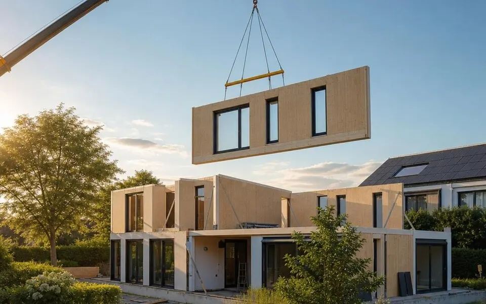 Fertighaus bauen 2026: Kran hebt vorgefertigtes Wandelement auf die Baustelle – Aufbau in wenigen Tagen Fertighaus bauen 2026: Kran hebt vorgefertigtes Wandelement auf die Baustelle – Aufbau in wenigen Tagen