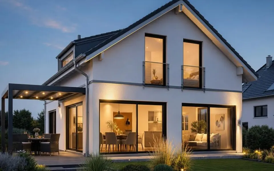 Schlüsselfertiges Musterhaus 2026 mit abendlicher Glasfront – bezugsfertige Übergabe an die Bauherren Schlüsselfertiges Musterhaus 2026 mit abendlicher Glasfront – bezugsfertige Übergabe an die Bauherren