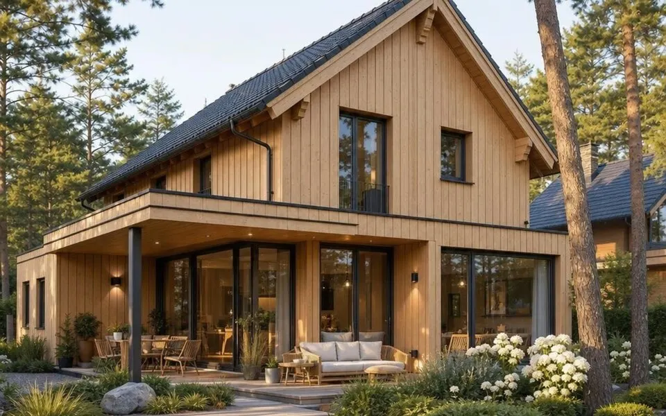 Musterhaus Holzhaus 2026 im skandinavischen Stil mit heller Holzfassade – Kosten pro Quadratmeter Musterhaus Holzhaus 2026 im skandinavischen Stil mit heller Holzfassade – Kosten pro Quadratmeter