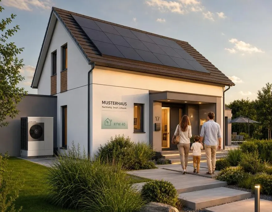 Förderfähig bauen: Musterhaus mit Photovoltaik und Wärmepumpe Junge Familie vor ihrem energieeffizienten Musterhaus mit Photovoltaik-Dach und Wärmepumpe im grünen Garten