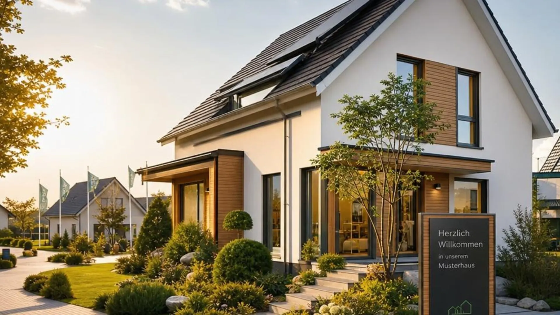 Musterhaus entdecken: modernes Wohnhaus als Vorbild für Ihr eigenes Haus Einladendes Musterhaus mit heller Fassade und großen Fenstern als Inspiration für den eigenen Hausbau